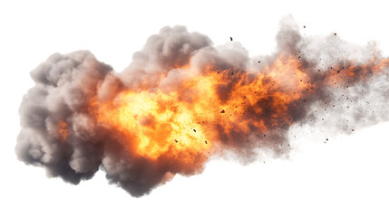 Fiery explosion with billowing smoke and orange flames against a transparent background, PNG