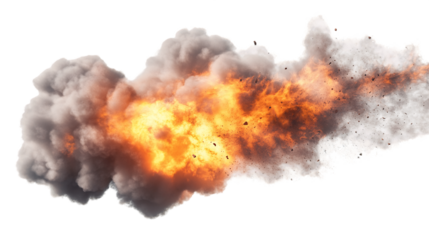 Fiery explosion with billowing smoke and orange flames against a transparent background, PNG