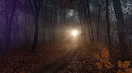 Obraz premium Sunlight Piercing Through the Misty Forest Illuminating a Pathway Amidst Tall Trees and Fallen