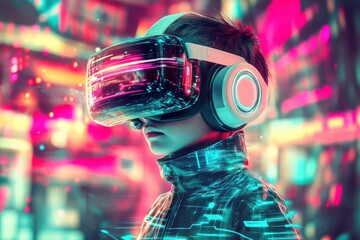 Naklejka premium Child wearing futuristic VR headset, immersed in vibrant digital world, exploring technology