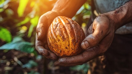 A farmers hands are holding a ripe cacao fruit carefully