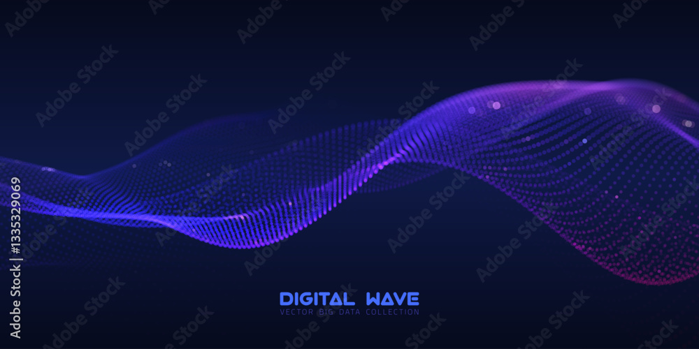 Poster abstract digital audio wave of particles with bokeh. futuristic ai technology. cyber data flow vecto