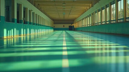 Sunlit teal indoor corridor with long, shadowed floor
