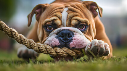 Playful bulldog puppy enjoying a game of tug-of-war with a rope on a sunny day. Adorable active pet