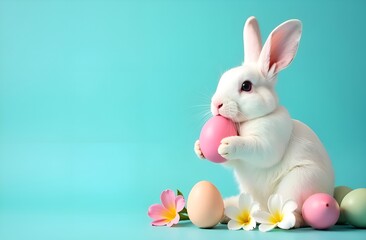 Obraz premium Easter rabbit with pink painted egg on blue background. Easter holiday concept. Space for text