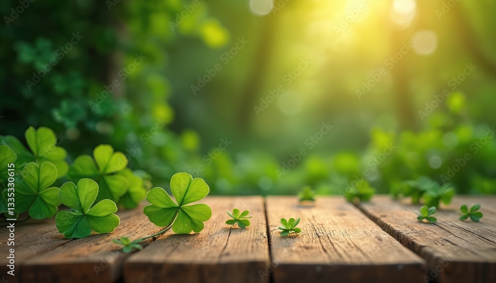 Poster wooden table and shamrock leaves, st patrick day background. mockup of product display. green bokeh 