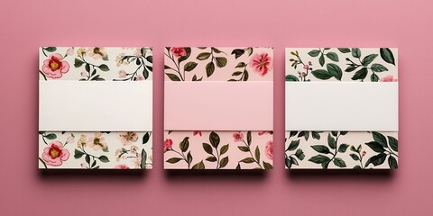 National pink day with feminine and flowers idea. Floral patterned invitation cards on a pink background.