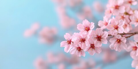 Fototapeta premium National pink day with feminine and flowers idea. Delicate pink cherry blossoms on a serene blue background.