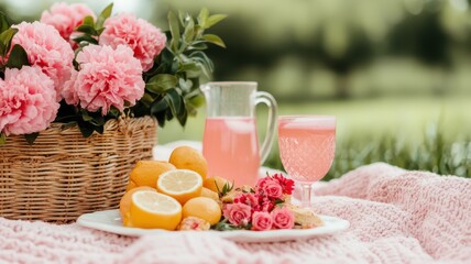 National pink day with feminine and flowers idea. Picnic setup with flowers, lemonade, and desserts outdoors.