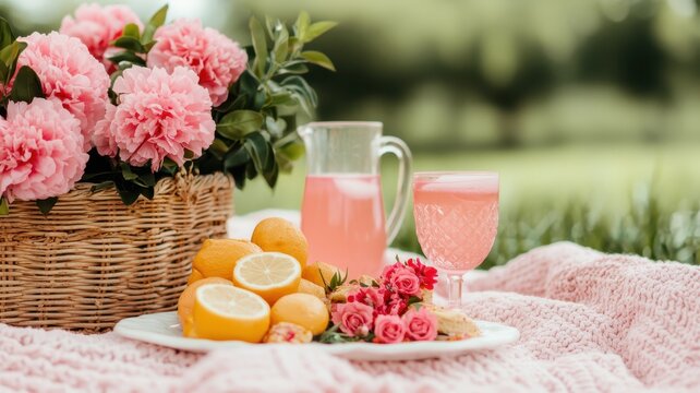 National pink day with feminine and flowers idea. Picnic setup with flowers, lemonade, and desserts outdoors.