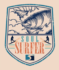 Vector illustration of emblem with surfing elements. Art for printing on t-shirts, etc.