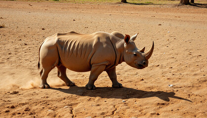 Fototapeta premium Rhino walking on cracked earth, highlighting conservation awareness