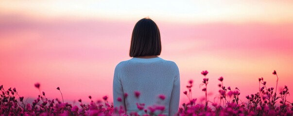 National pink day with feminine and flowers idea. Serene figure in a flower field at sunset.