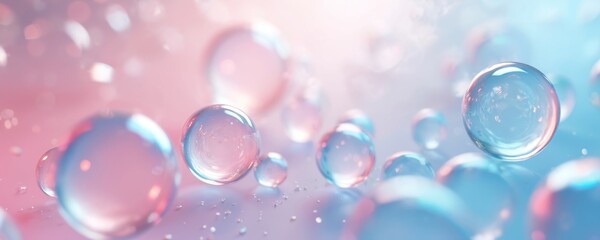 Abstract 3d render of pastel pink, blue background with magical iridescent air bubbles. Wallpaper with glass balls, water drops. Clean gel spheres semitransparent texture, light glare effect.