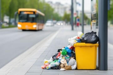 Overflowing trash bin at bus stop, garbage scattered on sidewalk, city street.