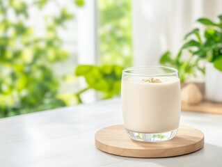 Plant-Based Protein Shake in Sleek Glass on Wooden Coaster