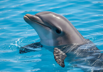 Naklejka premium Dolphin Water Smile, Marine Mammal Portrait in Blue Ocean