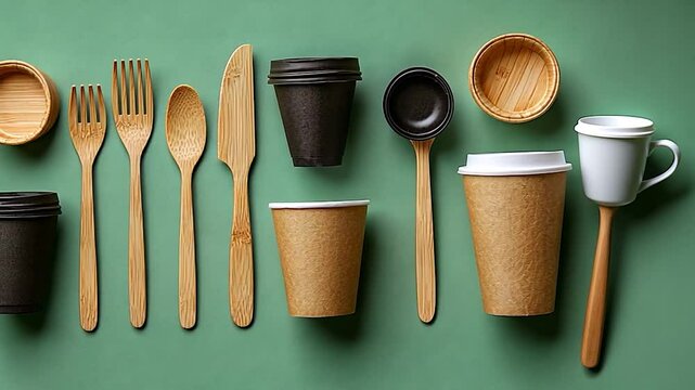 Eco-friendly tableware arrangement on green background for sustainable dining