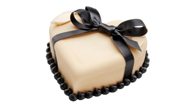 Heart shaped cake decorated with black ribbon and candy on transparent background