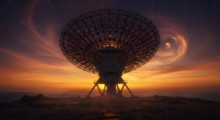 Observatory Radio Telescope Watching Night Sky with Stars and Clouds
