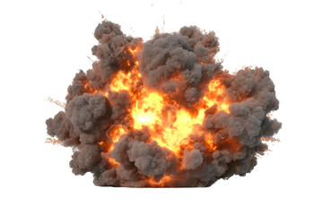 A large explosion with orange flames and gray smoke against a transparent background, PNG