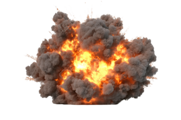 A large explosion with orange flames and gray smoke against a transparent background, PNG