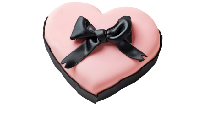 Pink heart shaped cake decorated with black ribbon bow on transparent background