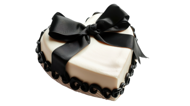 Heart shaped cake decorated with black ribbon on transparent background