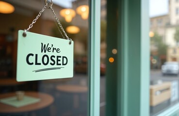 Close-up of light-green signboard hanging on cafe door with inscription Closed. Concept of business closure, bankruptcy, crisis, end of season, failure. Sign reflects light from lamps. Shop not