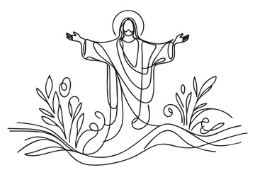 One line drawing of Lord Jesus with outstretched arms. One line vector illustration