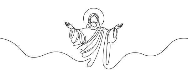 One line drawing of Lord Jesus with outstretched arms. One line vector illustration