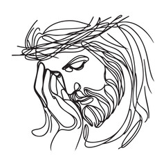 Continuous one line drawing of Jesus face with crown of thorns. vector illustration.