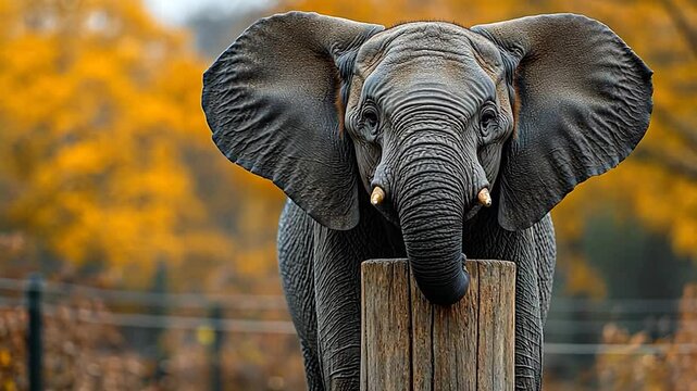 Majestic elephant standing by a wooden post in a vibrant autumn setting
