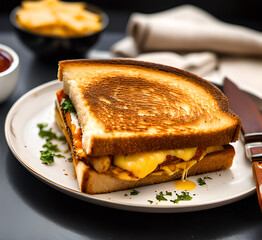 Grilled cheese sandwich with melted cheddar cheese, presented on a rustic wooden board, overhead view composition, professional food,generative ai
