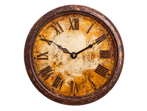 Old Rustic Round Wall Clock With Roman Numerals on Transparent Background, PNG
