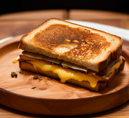 Grilled cheese sandwich with melted cheddar cheese, presented on a rustic wooden board, overhead view composition, professional food,generative ai