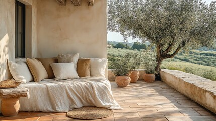 Relaxing Mediterranean Patio with Daybed and Olive Tree View
