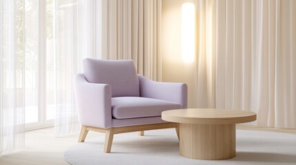 A soft lavender armchair with light wooden legs occupies the center of a bright living room