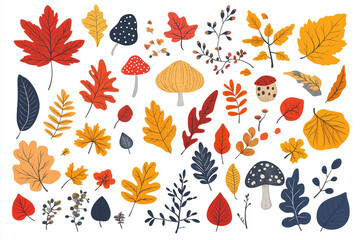 Obraz premium Set of silhouettes of different tree leaves, oak, maple, chestnut. Simple autumn leaves icons for fall thanksgiving decoration, flat cartoon leaf collection