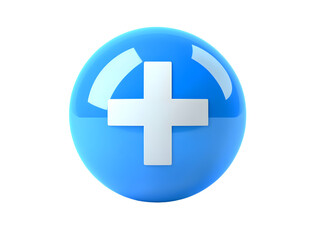 Obraz premium Blue circle and white plus symbol, 3D icon with isolated white background Medical symbol