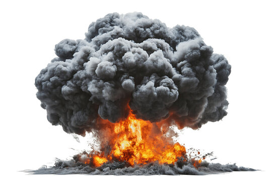 Realistic Fireball Explosion With Dark Smoke And Orange Flames On Transparent Background, PNG