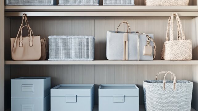 A sophisticated closet with pale blue storage boxes and soft gray baskets neatly placed on shelves