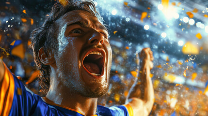 A roaring football fan explodes with excitement, his sweaty face lit by dazzling stadium lights. His outstretched arms capture the electrifying atmosphere of a historic victory..