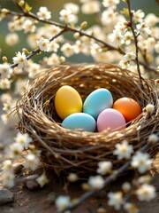 Obraz premium Easter eggs in a nest with blossoming branches