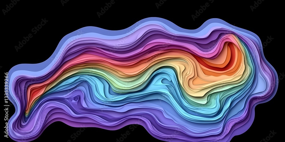Poster abstract multicolored fluid layered topography on black background render