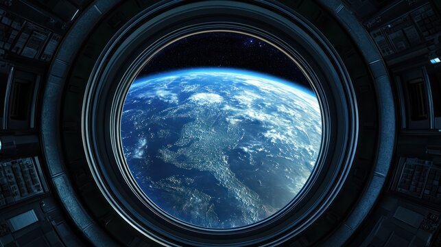 The view of Earth from a spacecrafts circular window