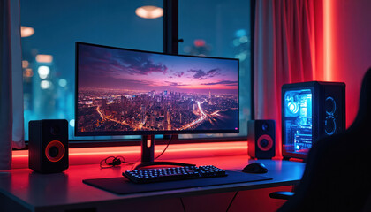 Modern gaming PC setup with computer desktop, keyboard, mouse, speakers. Cityscape wallpaper on large monitor. Gamer workspace. Neon lights tech equipment at home office. Cyberspace connection.