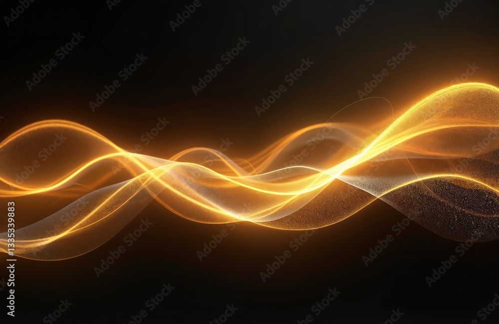 Poster golden light waves on black background. abstract wavy lines art. bright, dynamic elegant energy moti