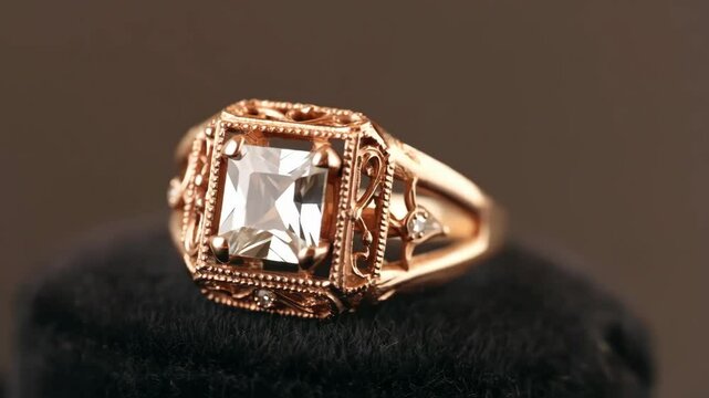 Vintage inspired rose gold engagement ring with intricate filigree details and  cushion cut center stone with sparkling diamond facets in luxury jewelry display - Powered by Adobe