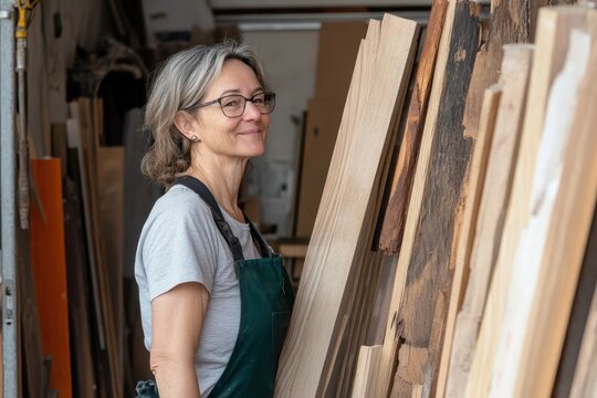 Portrait of a joyful skilled middle aged female carpenter selecting wood in her workshop